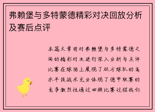 弗赖堡与多特蒙德精彩对决回放分析及赛后点评