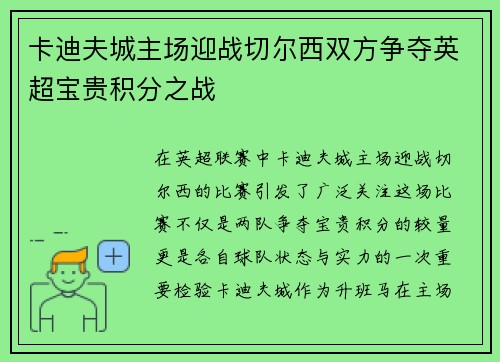 卡迪夫城主场迎战切尔西双方争夺英超宝贵积分之战