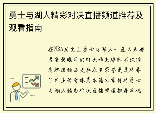 勇士与湖人精彩对决直播频道推荐及观看指南