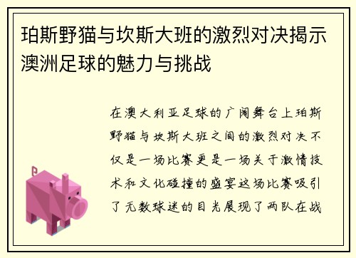 珀斯野猫与坎斯大班的激烈对决揭示澳洲足球的魅力与挑战