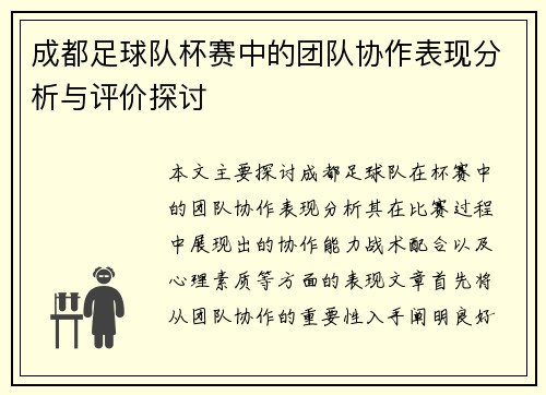成都足球队杯赛中的团队协作表现分析与评价探讨