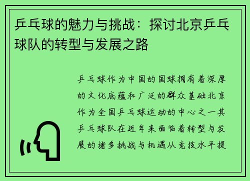 乒乓球的魅力与挑战：探讨北京乒乓球队的转型与发展之路