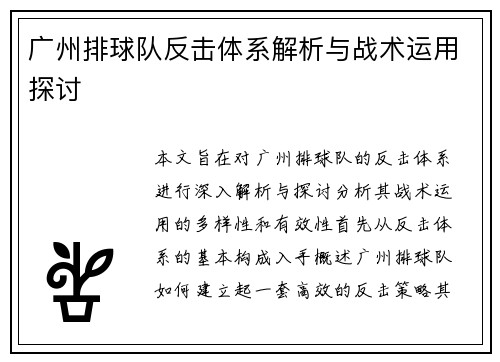 广州排球队反击体系解析与战术运用探讨