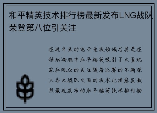 和平精英技术排行榜最新发布LNG战队荣登第八位引关注
