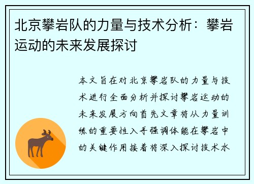 北京攀岩队的力量与技术分析：攀岩运动的未来发展探讨
