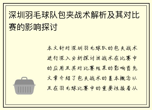 深圳羽毛球队包夹战术解析及其对比赛的影响探讨