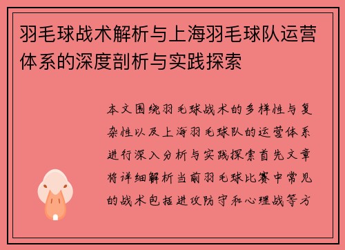 羽毛球战术解析与上海羽毛球队运营体系的深度剖析与实践探索
