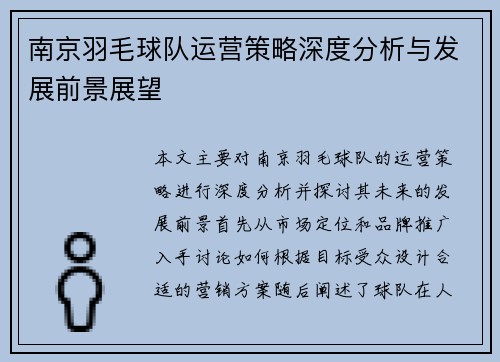 南京羽毛球队运营策略深度分析与发展前景展望
