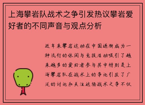 上海攀岩队战术之争引发热议攀岩爱好者的不同声音与观点分析